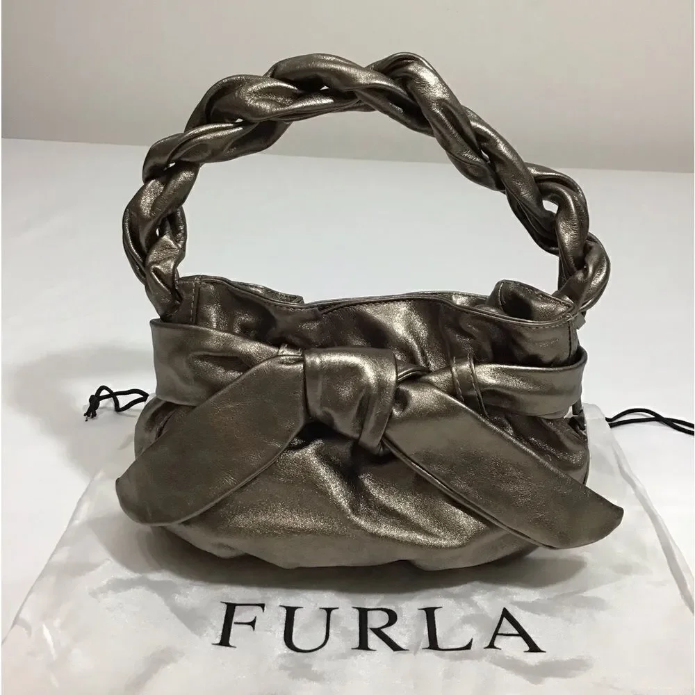 Furla Leather Gold Metallic Hobo Bag Braided Strap Bow Mini Handbag